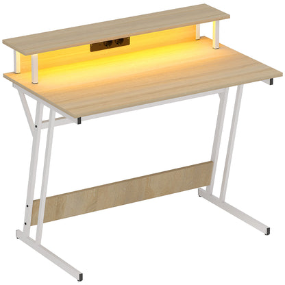 Gaming Desk with LED Lights 100x60 cm Gamer Desk with Power Outlets Monitor Stand Shelves and Remote Control for Office Natural Study
