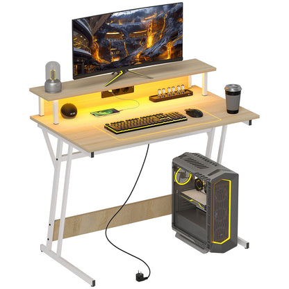 Gaming Desk with LED Lights 100x60 cm Gamer Desk with Power Outlets Monitor Stand Shelves and Remote Control for Office Natural Study