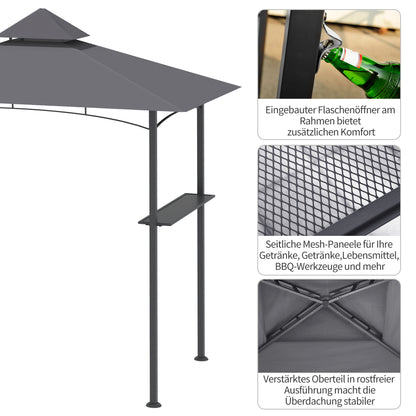Grill Pavilion Garden Tent Grill Gazebo Balcony Pavilion with Shelves Flame-Retardant Double Roof Gray 245 x 148 x 252 cm