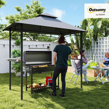 Grill Pavilion Garden Tent Grill Gazebo Balcony Pavilion with Shelves Flame-Retardant Double Roof Gray 245 x 148 x 252 cm