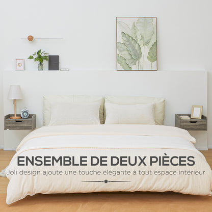 Set of 2 Wall-Mounted Bedside Tables Floating Nightstands - Sliding Drawer, Shelf - in Particle Board Dim. 40W x 30D x 19.5H cm Gray