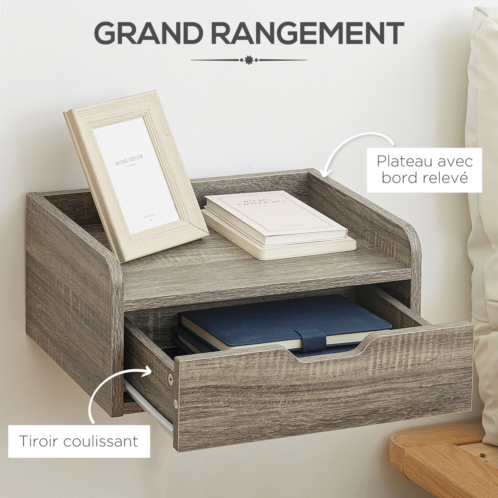 Set of 2 Wall-Mounted Bedside Tables Floating Nightstands - Sliding Drawer, Shelf - in Particle Board Dim. 40W x 30D x 19.5H cm Gray