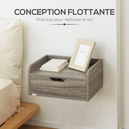 Set of 2 Wall-Mounted Bedside Tables Floating Nightstands - Sliding Drawer, Shelf - in Particle Board Dim. 40W x 30D x 19.5H cm Gray