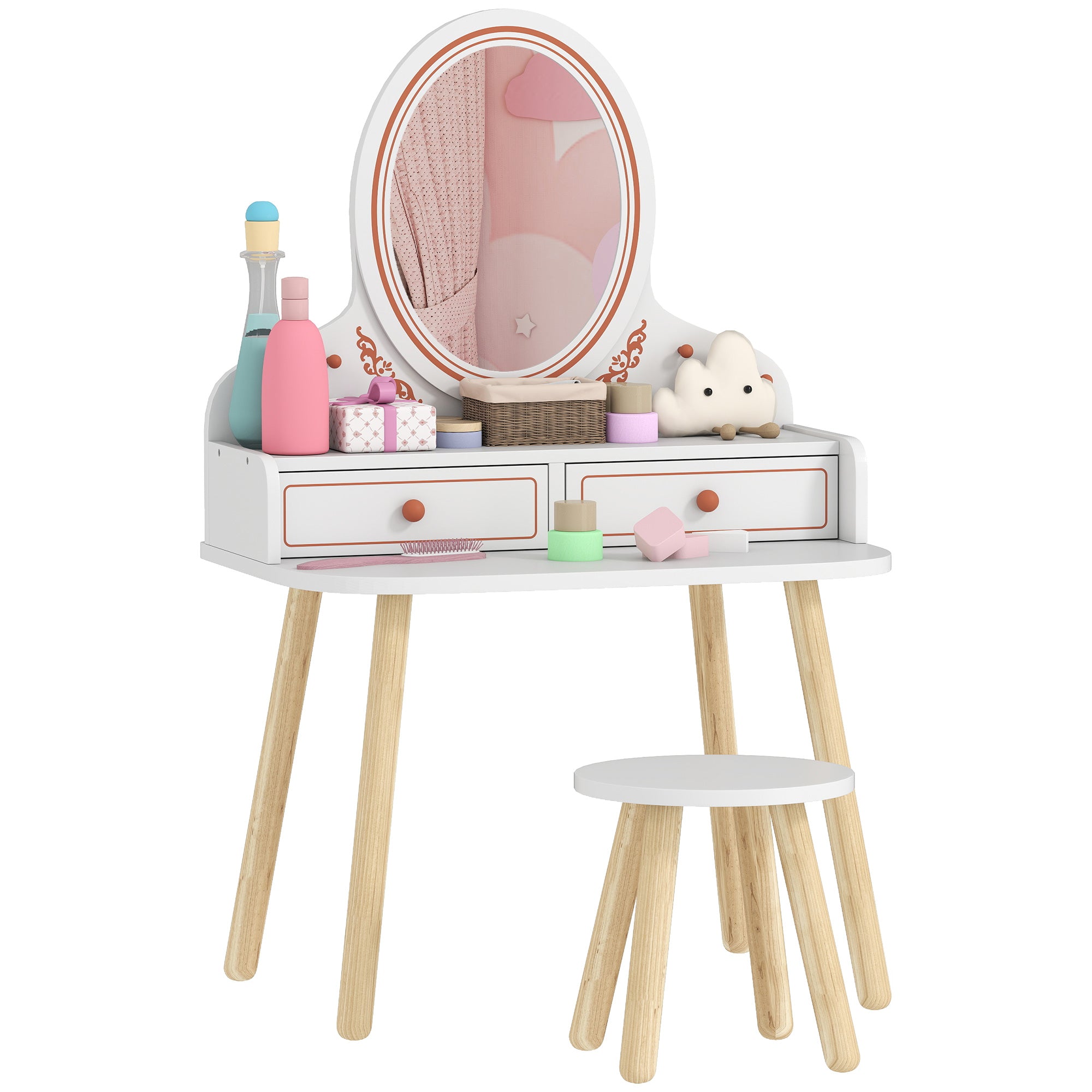Kids Vanity Set with Stool & Mirror — Makeup Table with Drawers & Hanging Rods for Girls, Ages 3–8 — White