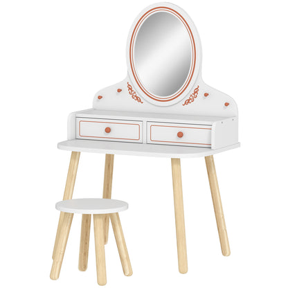Kids Vanity Set with Stool & Mirror — Makeup Table with Drawers & Hanging Rods for Girls, Ages 3–8 — White