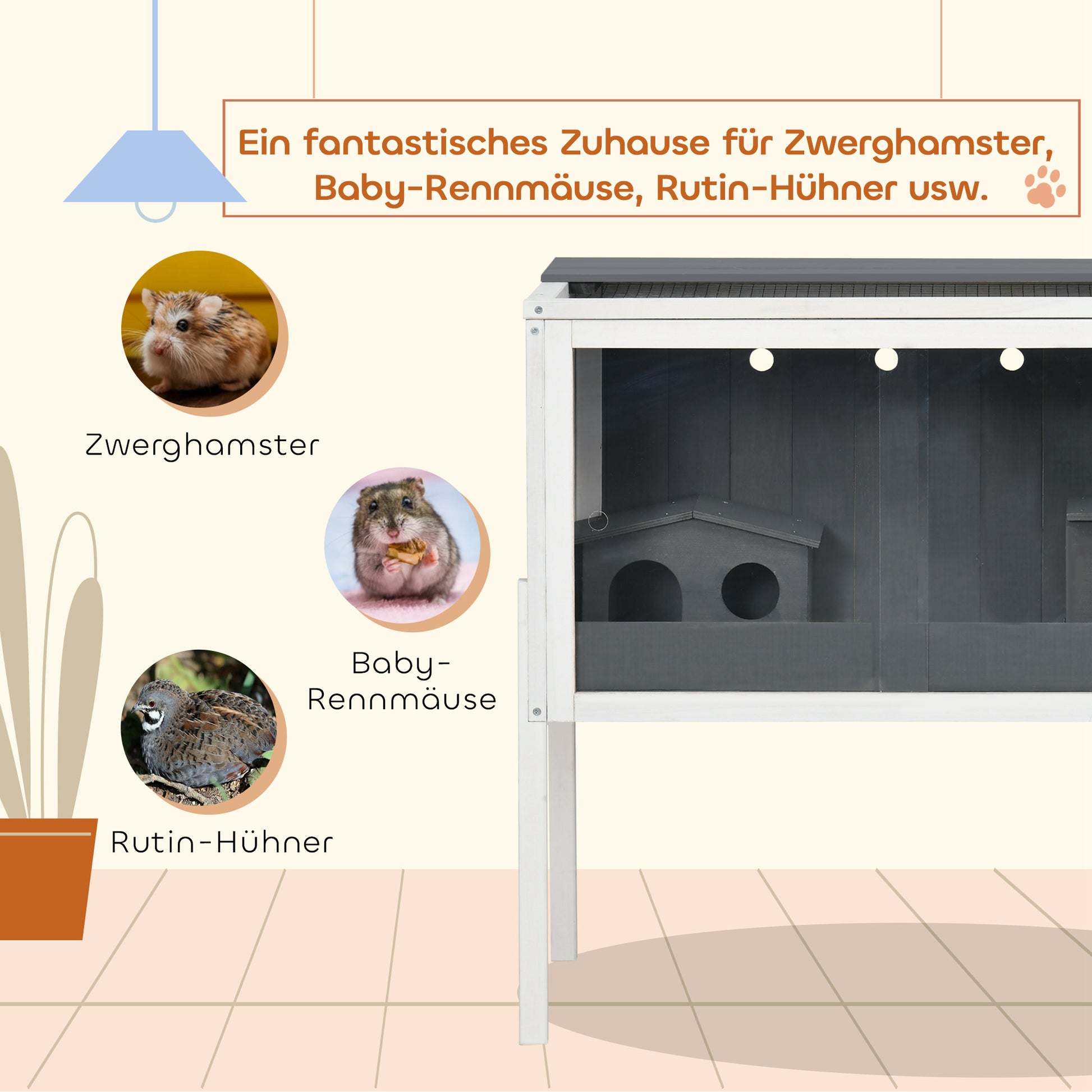 Wooden Hamster Cage for Dwarf Hamster Rodent Cage Small Pet Cage with 2 Cottages and Accessories, Large Mouse Cage 82 x 45 x 81 cm Gray