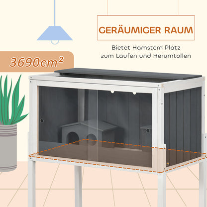 Wooden Hamster Cage for Dwarf Hamster Rodent Cage Small Pet Cage with 2 Cottages and Accessories, Large Mouse Cage 82 x 45 x 81 cm Gray