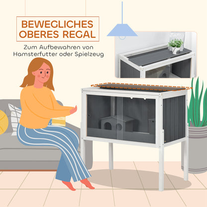 Wooden Hamster Cage for Dwarf Hamster Rodent Cage Small Pet Cage with 2 Cottages and Accessories, Large Mouse Cage 82 x 45 x 81 cm Gray