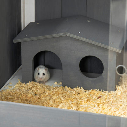 Wooden Hamster Cage for Dwarf Hamster Rodent Cage Small Pet Cage with 2 Cottages and Accessories, Large Mouse Cage 82 x 45 x 81 cm Gray