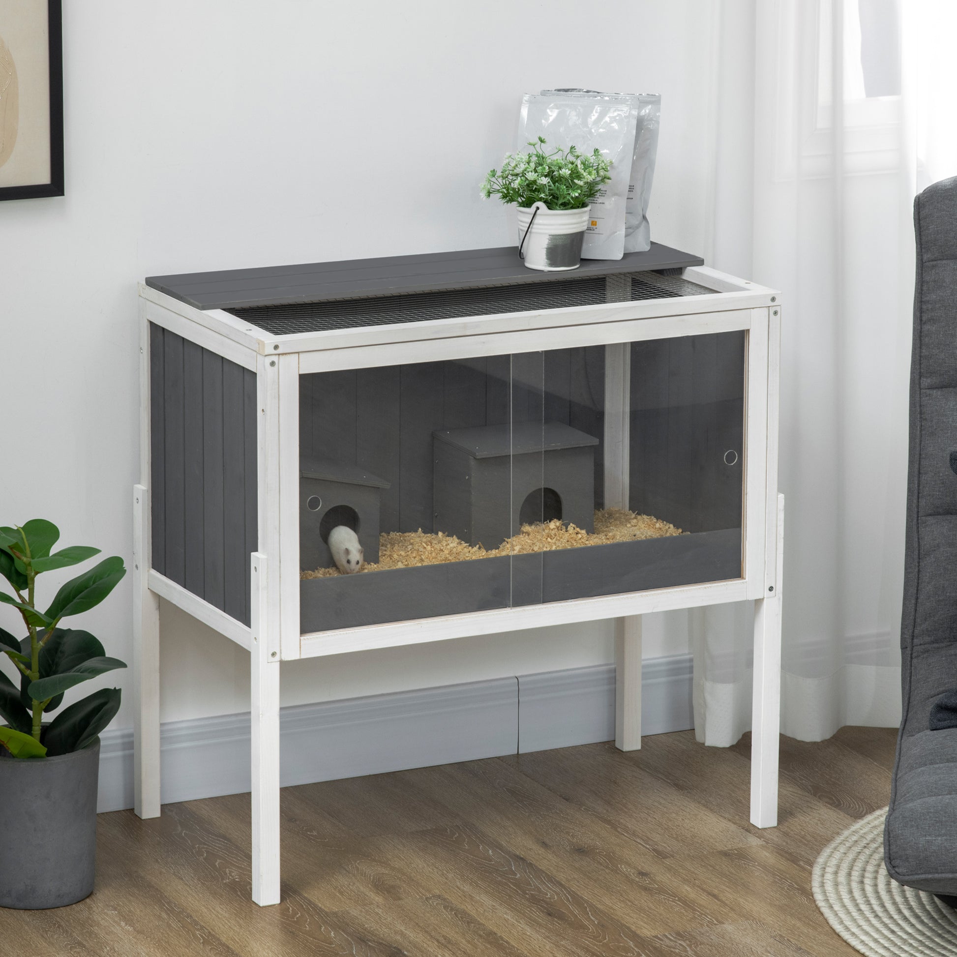Wooden Hamster Cage for Dwarf Hamster Rodent Cage Small Pet Cage with 2 Cottages and Accessories, Large Mouse Cage 82 x 45 x 81 cm Gray