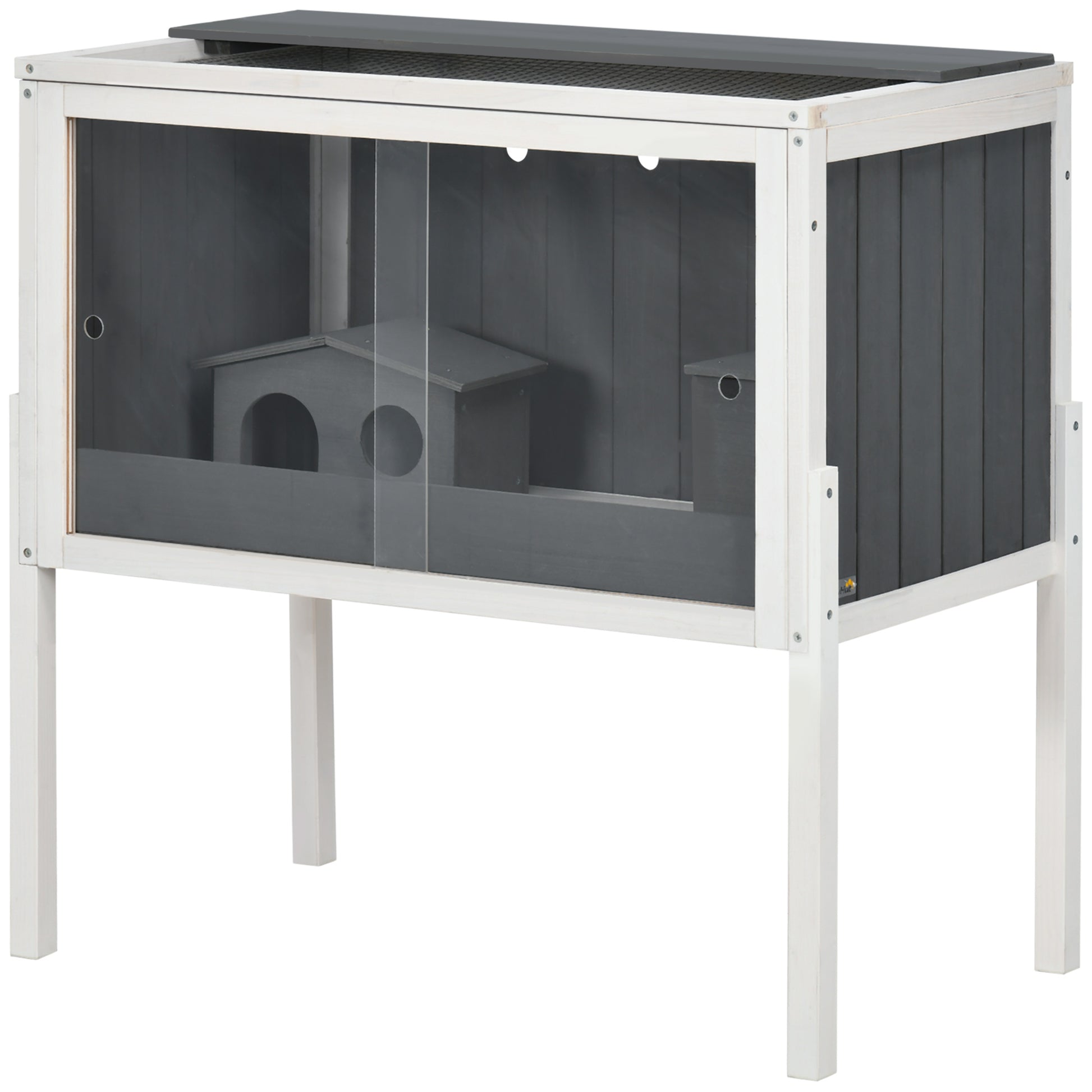 Wooden Hamster Cage for Dwarf Hamster Rodent Cage Small Pet Cage with 2 Cottages and Accessories, Large Mouse Cage 82 x 45 x 81 cm Gray