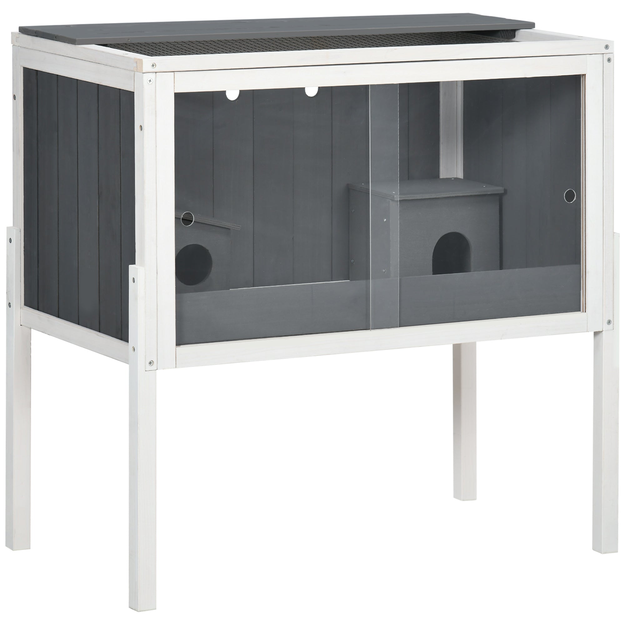 Wooden Hamster Cage for Dwarf Hamster Rodent Cage Small Pet Cage with 2 Cottages and Accessories, Large Mouse Cage 82 x 45 x 81 cm Gray