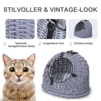 Pet Carrier Transport Box for Cats Dogs, Basket Cave with Grid, Cat House made of Willow, Cat Basket, Willow Basket, Grey, 47 x 35 x 35 cm