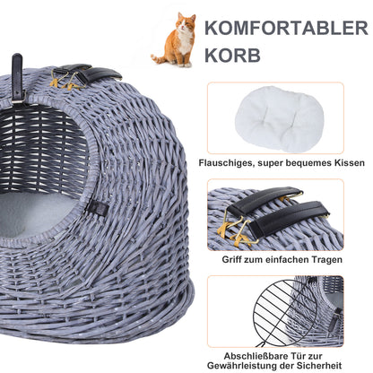 Pet Carrier Transport Box for Cats Dogs, Basket Cave with Grid, Cat House made of Willow, Cat Basket, Willow Basket, Grey, 47 x 35 x 35 cm