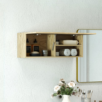 Wall Mounted Bathroom Cabinet with Flip-Down Door, Suspended Bathroom Cabinet with Wooden Shelves, 80x25x30 cm, Natural Wood
