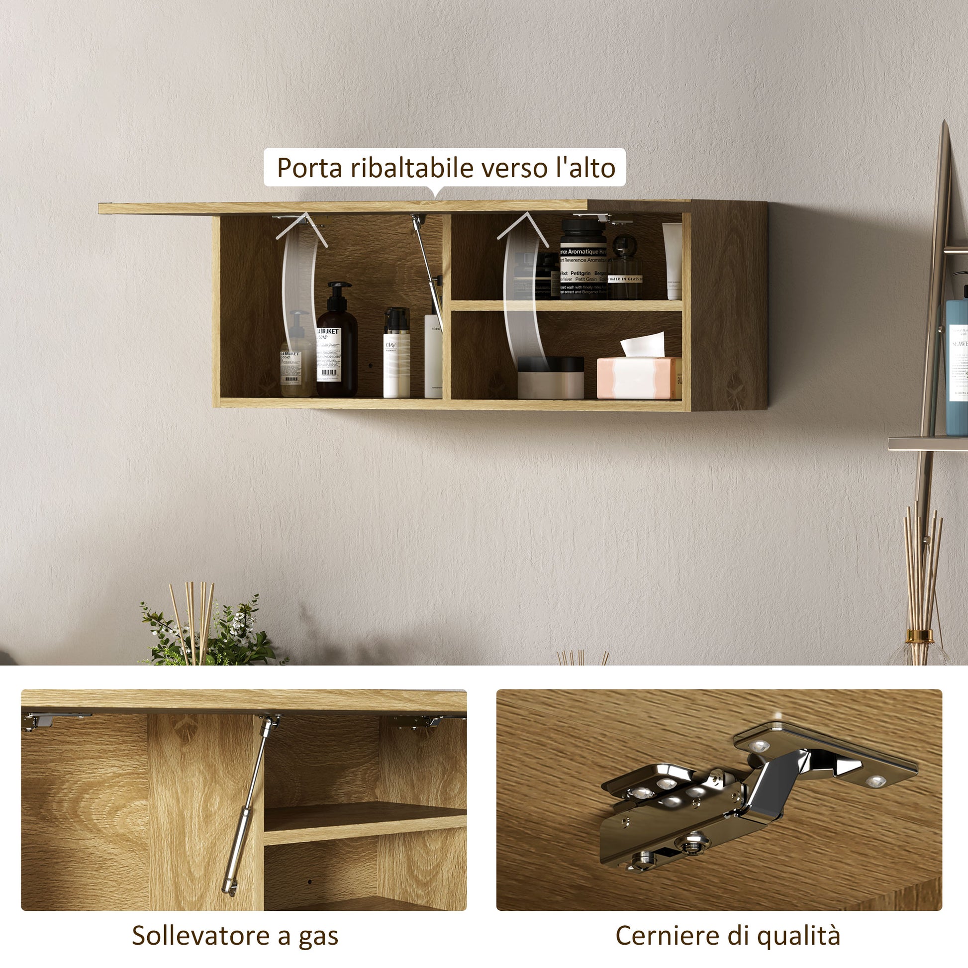 Wall Mounted Bathroom Cabinet with Flip-Down Door, Suspended Bathroom Cabinet with Wooden Shelves, 80x25x30 cm, Natural Wood