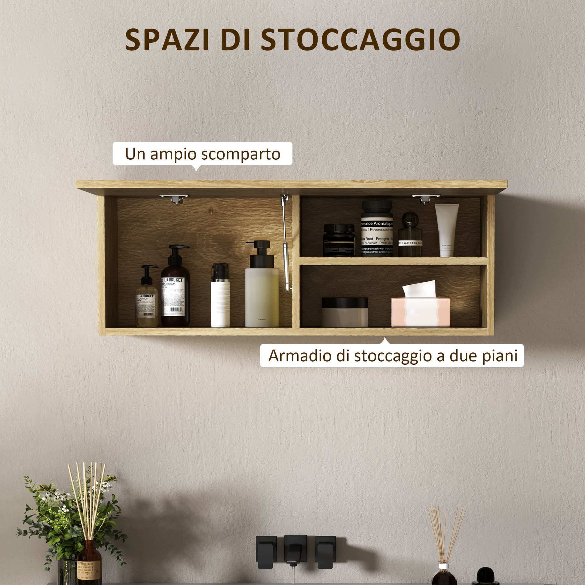 Wall Mounted Bathroom Cabinet with Flip-Down Door, Suspended Bathroom Cabinet with Wooden Shelves, 80x25x30 cm, Natural Wood