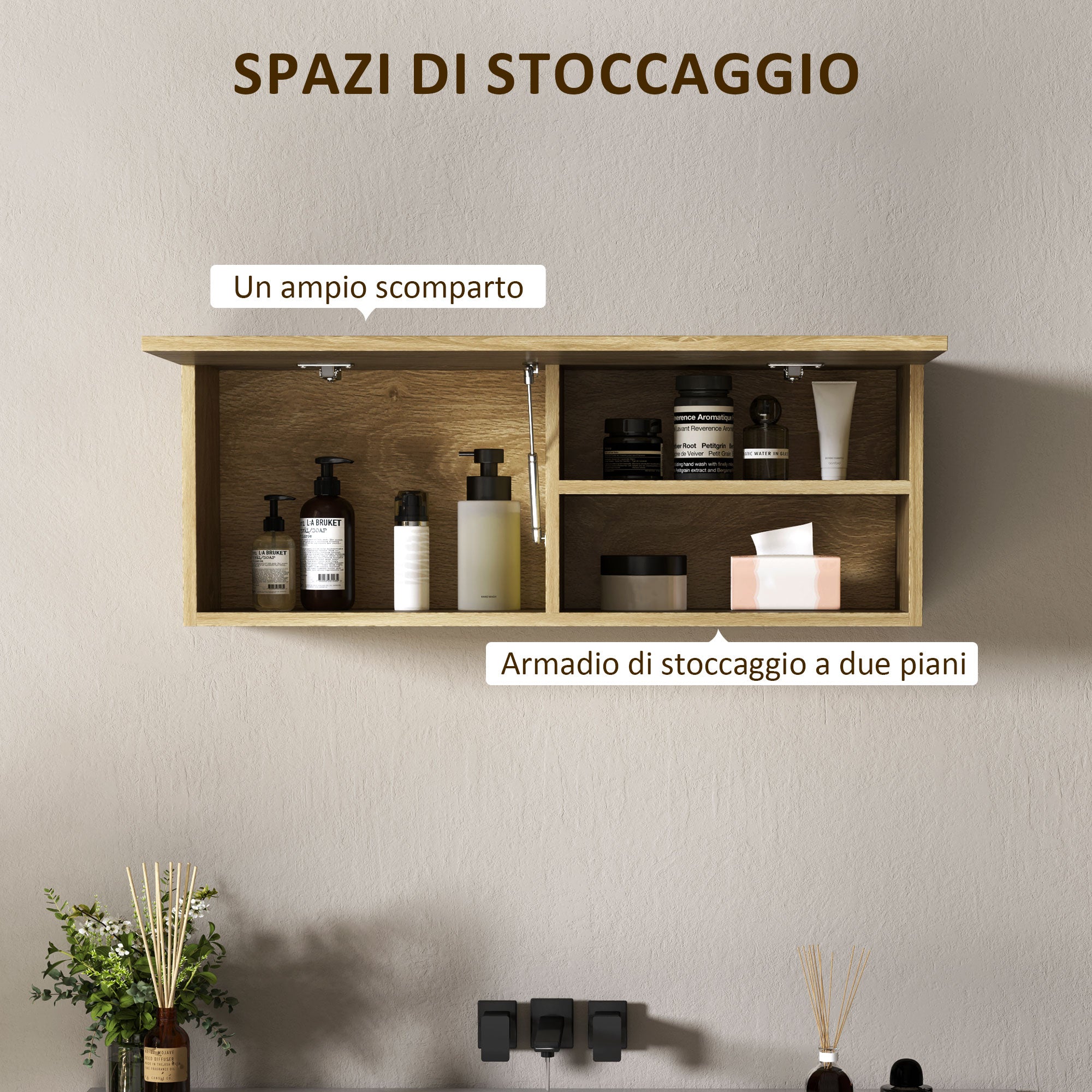 Wall Mounted Bathroom Cabinet with Flip-Down Door, Suspended Bathroom Cabinet with Wooden Shelves, 80x25x30 cm, Natural Wood
