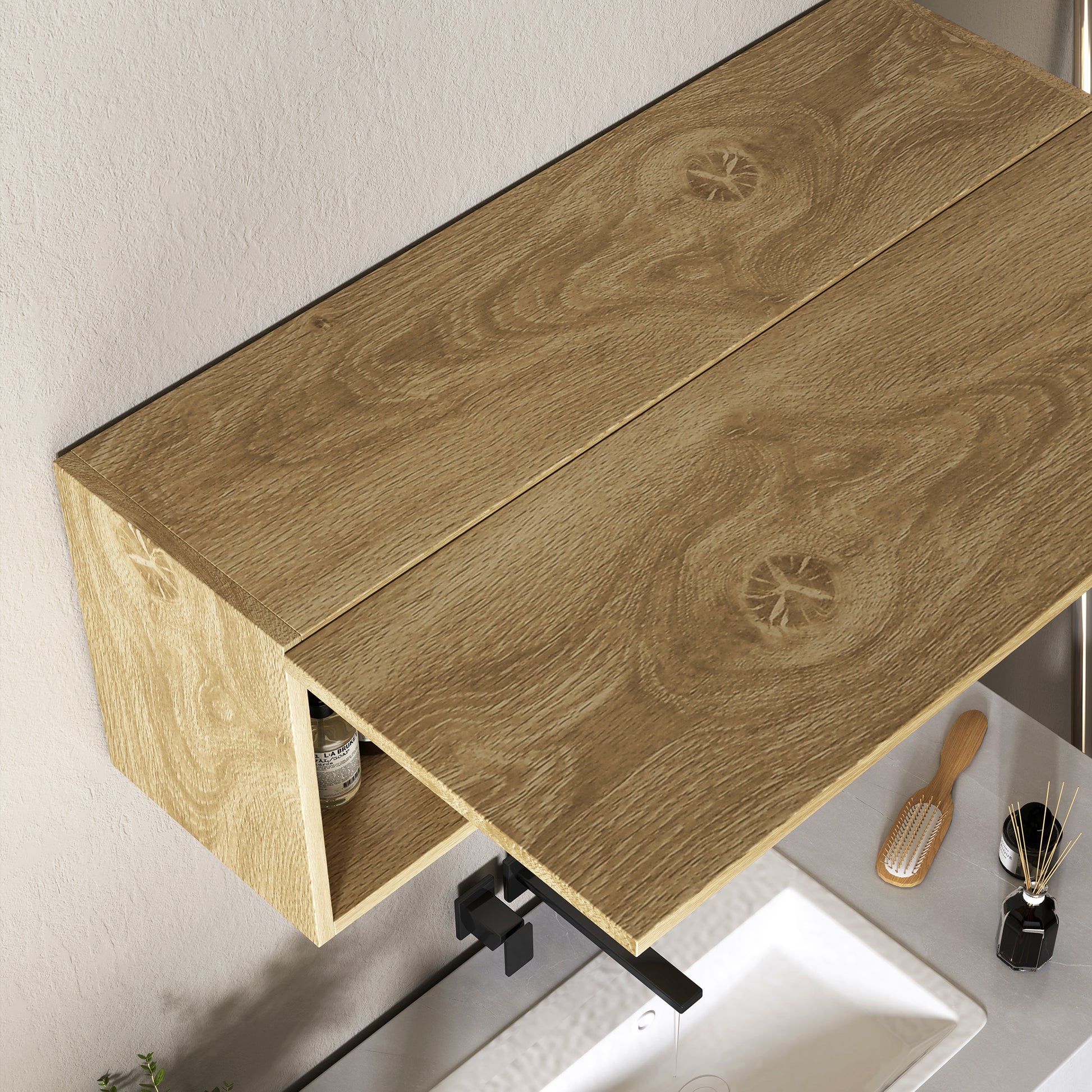 Wall Mounted Bathroom Cabinet with Flip-Down Door, Suspended Bathroom Cabinet with Wooden Shelves, 80x25x30 cm, Natural Wood
