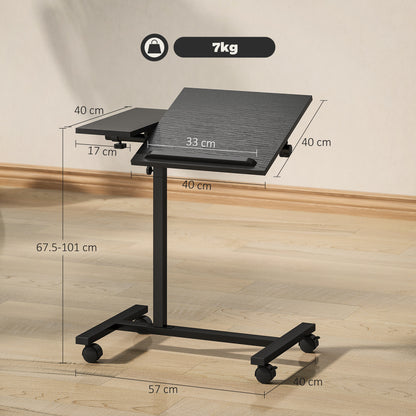 Adjustable Height C-Shaped Computer Table with Lockable Wheels and Tiltable Top for Bedroom and Living Room, Black