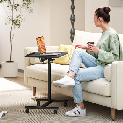 Adjustable Height C-Shaped Computer Table with Lockable Wheels and Tiltable Top for Bedroom and Living Room, Black