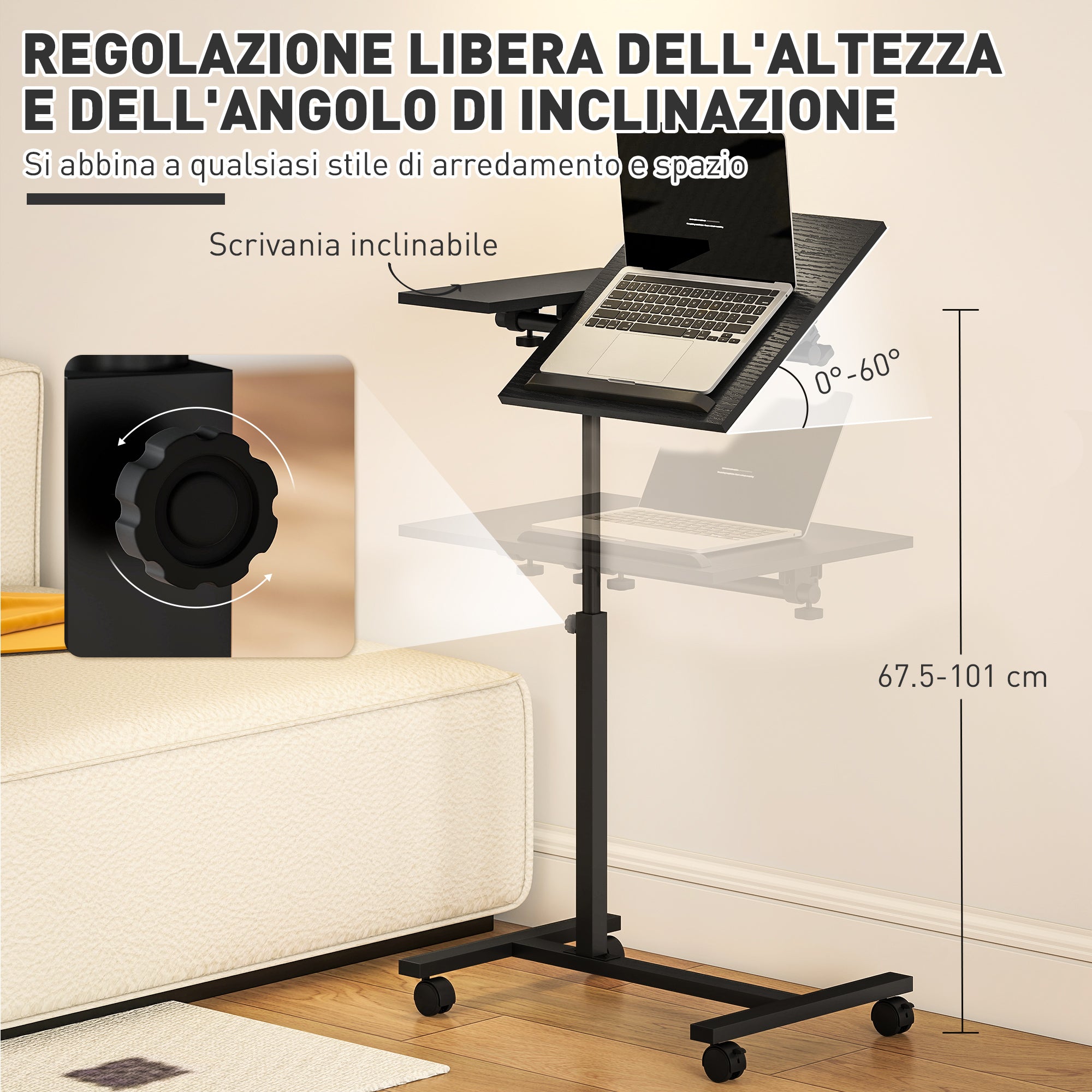 Adjustable Height C-Shaped Computer Table with Lockable Wheels and Tiltable Top for Bedroom and Living Room, Black
