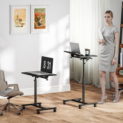 Adjustable Height C-Shaped Computer Table with Lockable Wheels and Tiltable Top for Bedroom and Living Room, Black