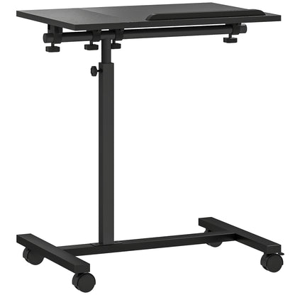 Adjustable Height C-Shaped Computer Table with Lockable Wheels and Tiltable Top for Bedroom and Living Room, Black