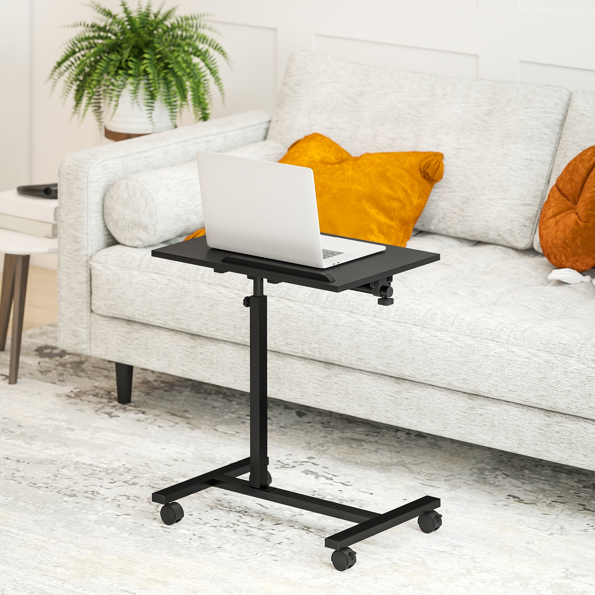Adjustable Height C-Shaped Computer Table with Lockable Wheels and Tiltable Top for Bedroom and Living Room, Black