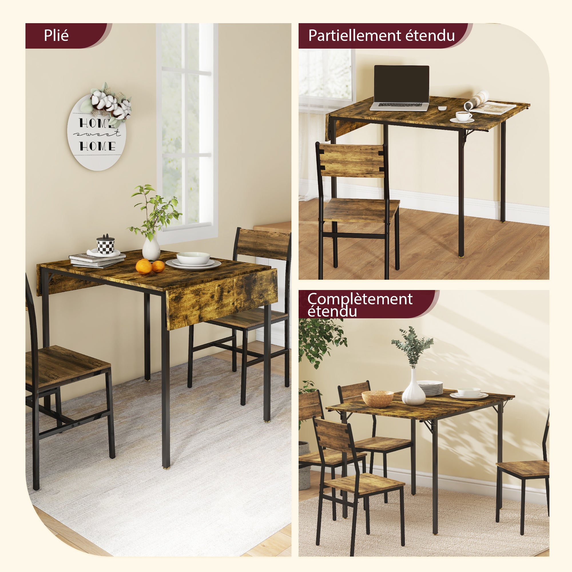 Folding Dining Table Extendable Kitchen Table with 2 Drop Leaves Industrial Rectangular Style for Small Space, Drop-Leaf Table for 2-4 People, Rustic Brown