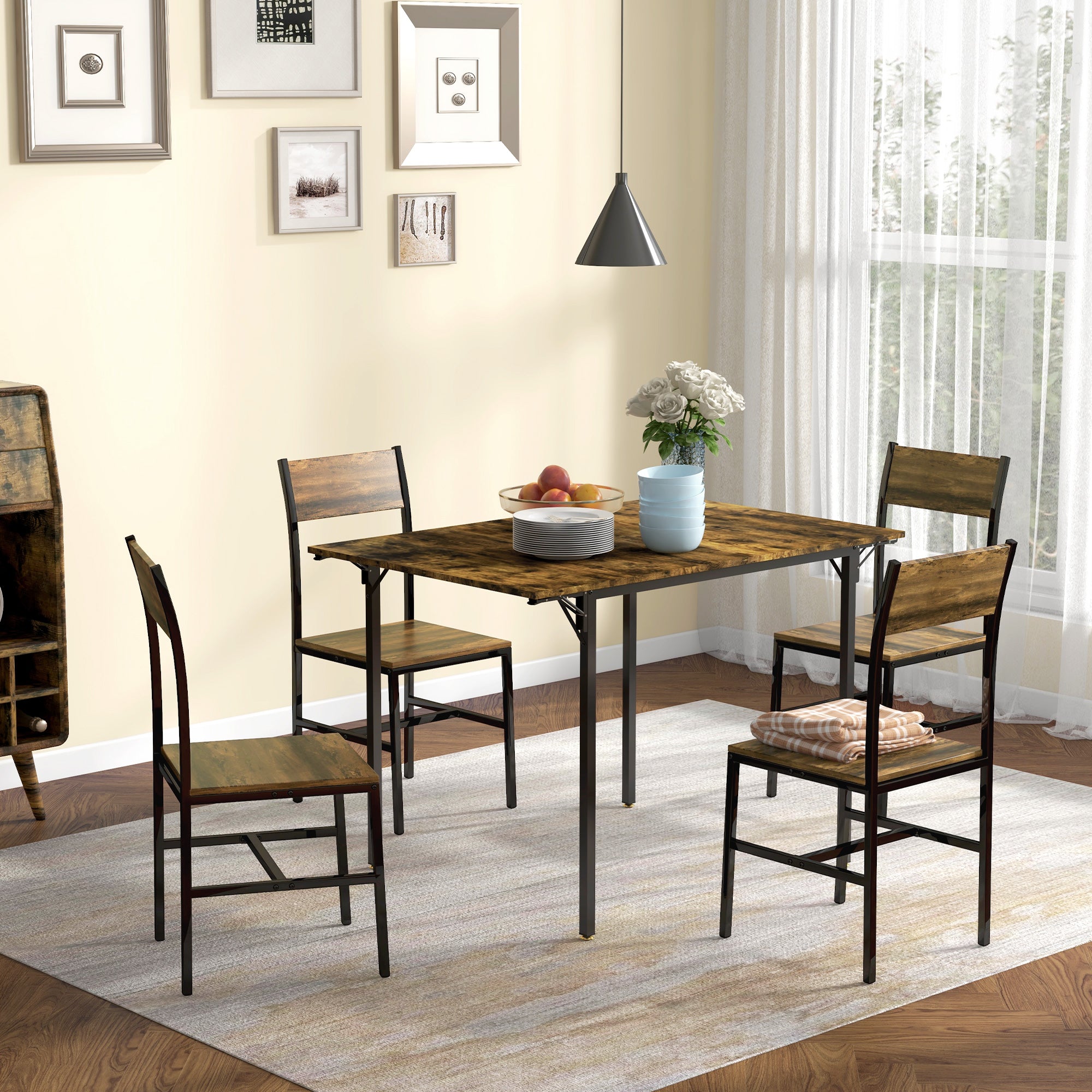 Folding Dining Table Extendable Kitchen Table with 2 Drop Leaves Industrial Rectangular Style for Small Space, Drop-Leaf Table for 2-4 People, Rustic Brown