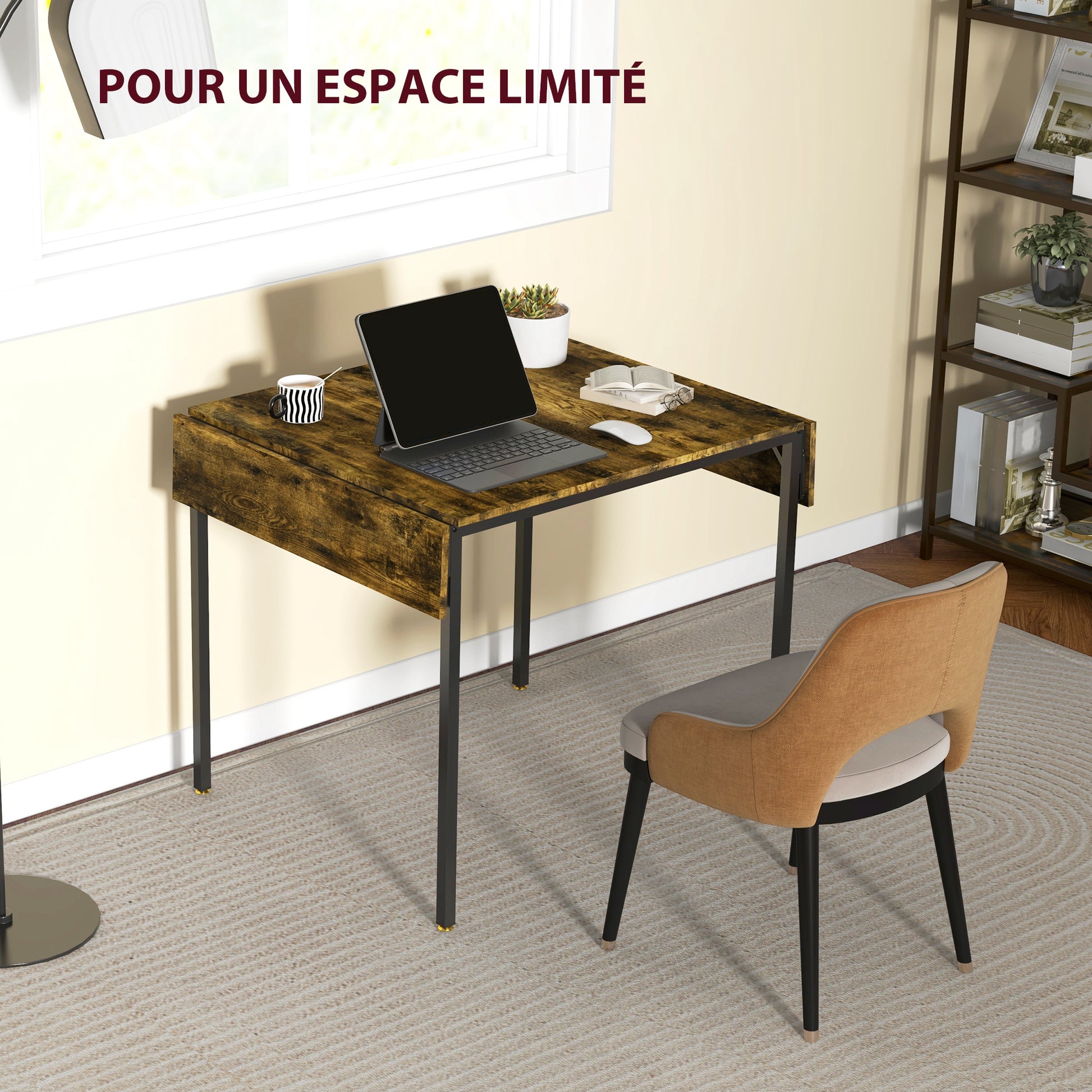 Folding Dining Table Extendable Kitchen Table with 2 Drop Leaves Industrial Rectangular Style for Small Space, Drop-Leaf Table for 2-4 People, Rustic Brown