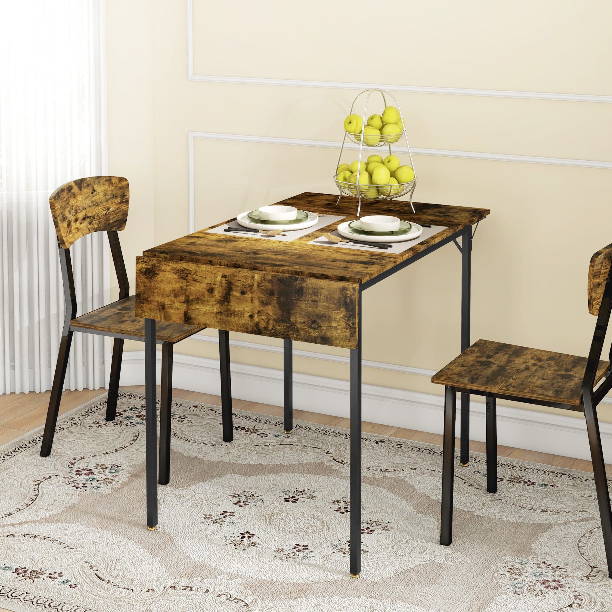 Folding Dining Table Extendable Kitchen Table with 2 Drop Leaves Industrial Rectangular Style for Small Space, Drop-Leaf Table for 2-4 People, Rustic Brown