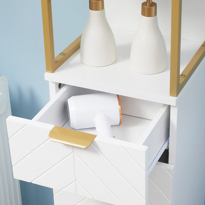 Bathroom Cabinet, Bathroom Column with Drawer, Cabinet, and Shelf in Wood and Metal, 30x30x105cm, White