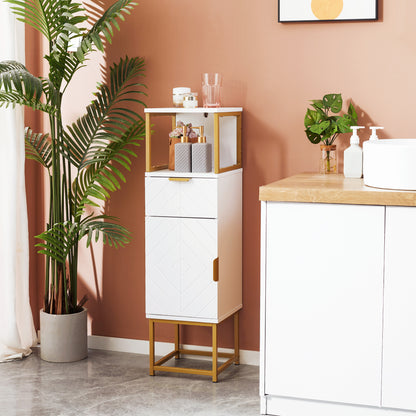 Bathroom Cabinet, Bathroom Column with Drawer, Cabinet, and Shelf in Wood and Metal, 30x30x105cm, White