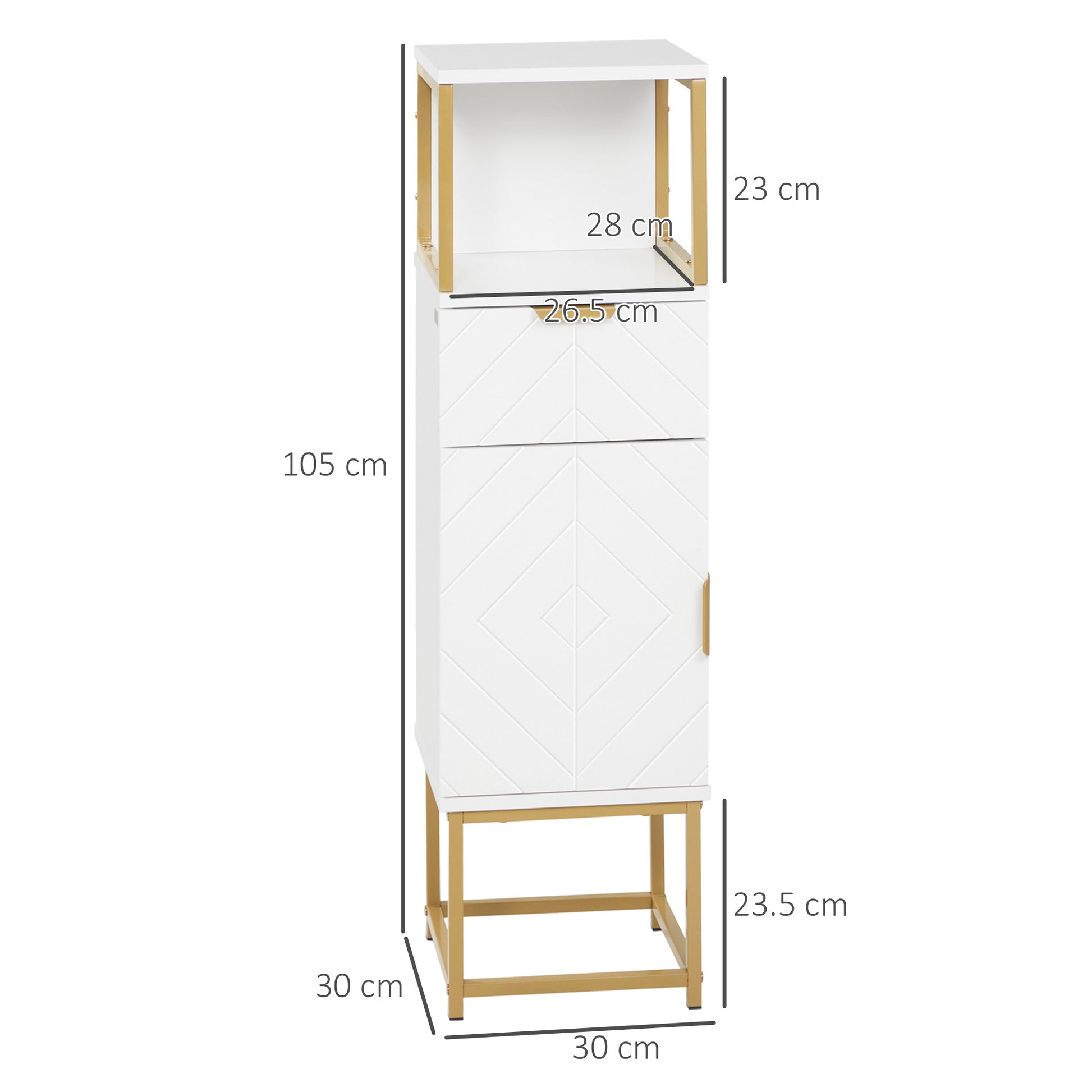 Bathroom Cabinet, Bathroom Column with Drawer, Cabinet, and Shelf in Wood and Metal, 30x30x105cm, White