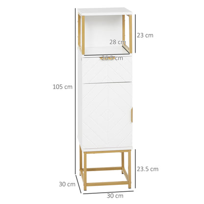 Bathroom Cabinet, Bathroom Column with Drawer, Cabinet, and Shelf in Wood and Metal, 30x30x105cm, White