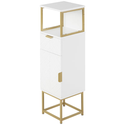Bathroom Cabinet, Bathroom Column with Drawer, Cabinet, and Shelf in Wood and Metal, 30x30x105cm, White