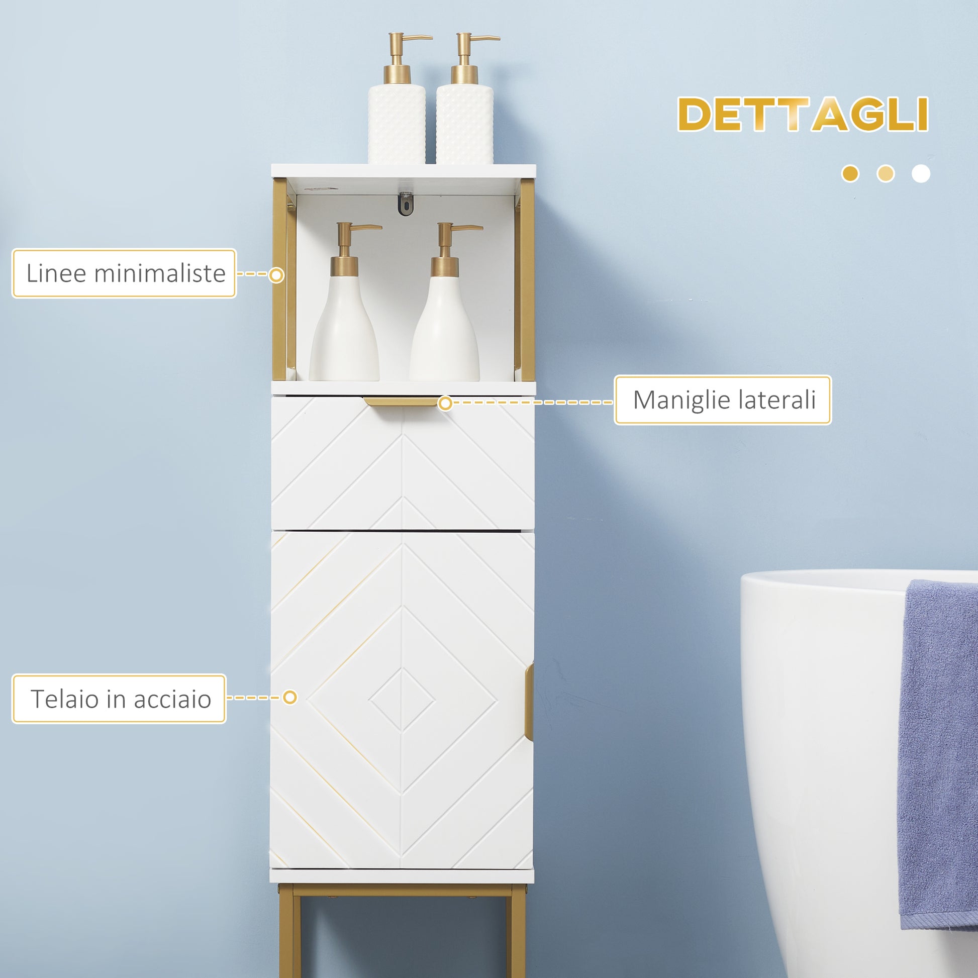 Bathroom Cabinet, Bathroom Column with Drawer, Cabinet, and Shelf in Wood and Metal, 30x30x105cm, White