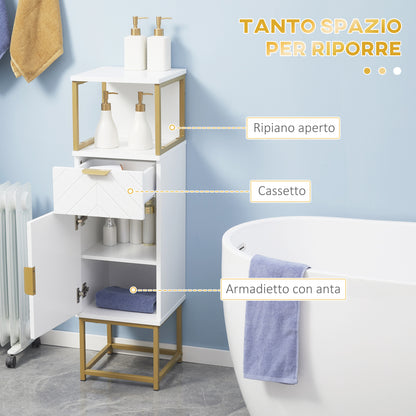 Bathroom Cabinet, Bathroom Column with Drawer, Cabinet, and Shelf in Wood and Metal, 30x30x105cm, White