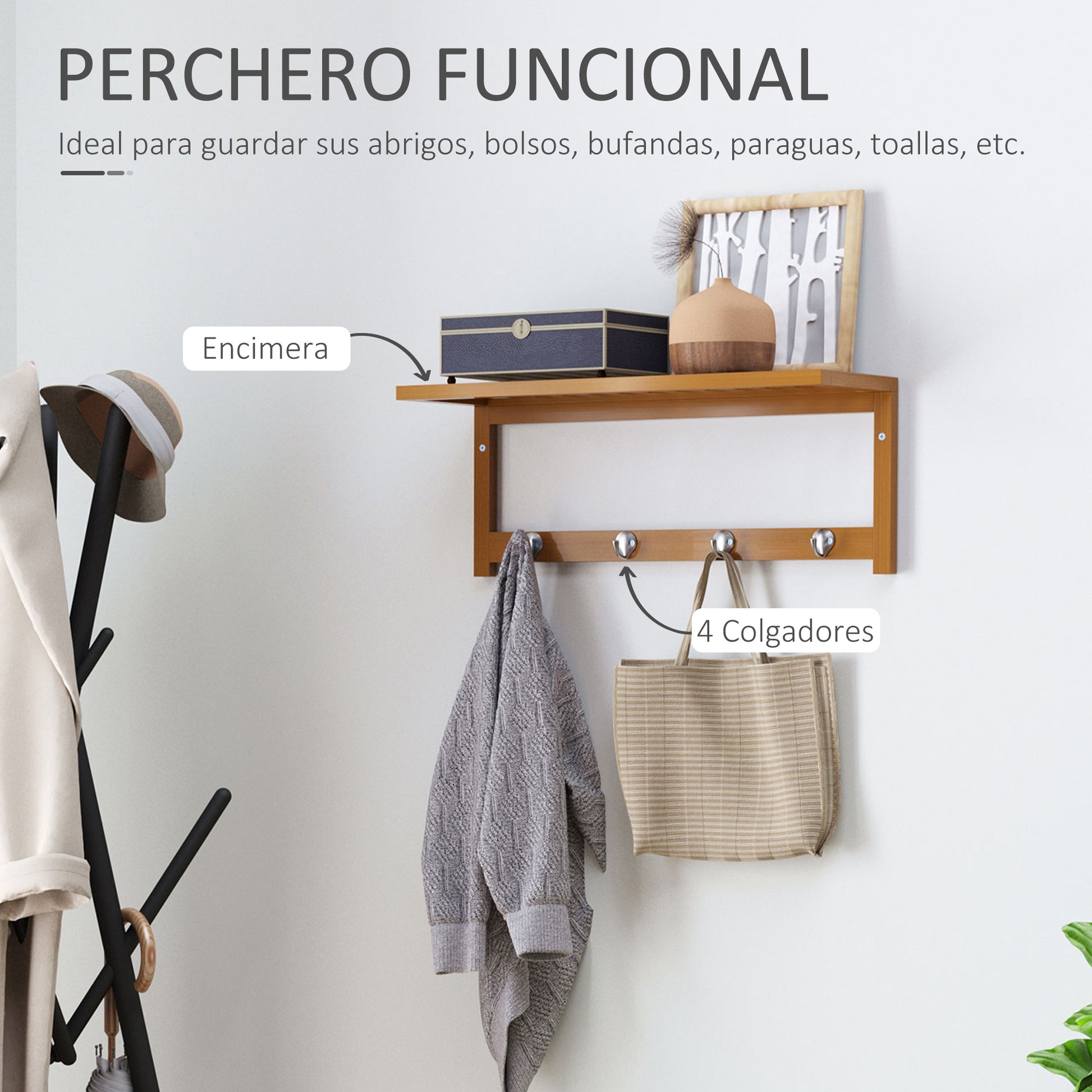 Bamboo Wall Coat Rack Shelf Towel Rack with 4 Hooks for Entryway Living Room Bathroom Hallway Bedroom 50x16x17.5 cm Load 5kg