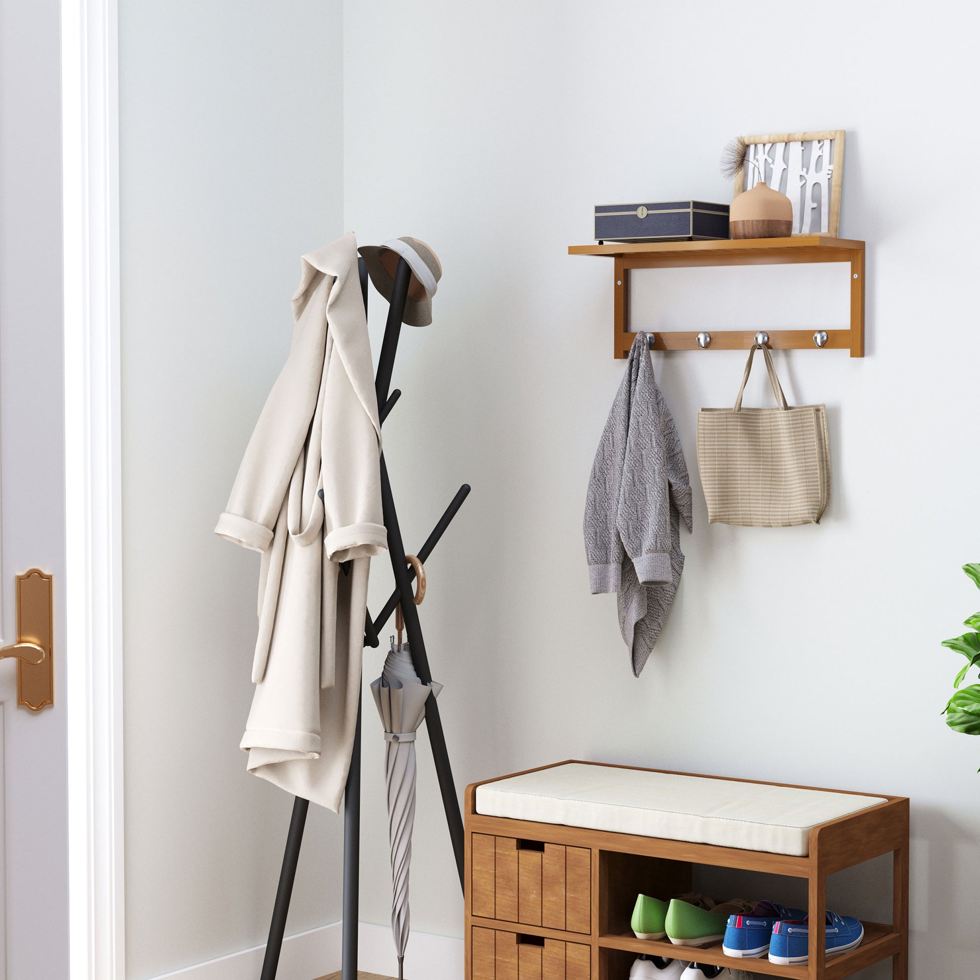Bamboo Wall Coat Rack Shelf Towel Rack with 4 Hooks for Entryway Living Room Bathroom Hallway Bedroom 50x16x17.5 cm Load 5kg