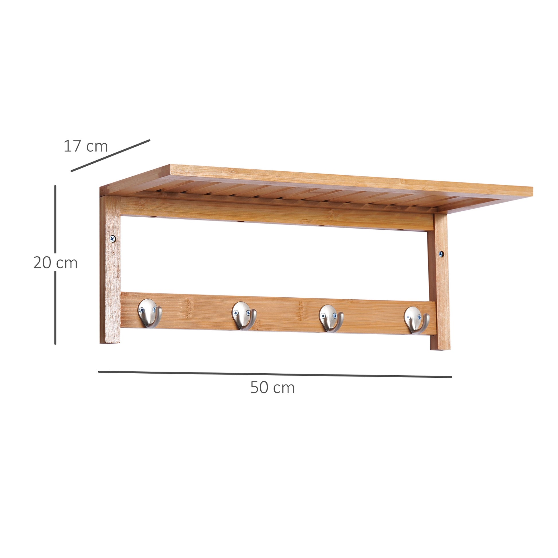Bamboo Wall Coat Rack Shelf Towel Rack with 4 Hooks for Entryway Living Room Bathroom Hallway Bedroom 50x16x17.5 cm Load 5kg