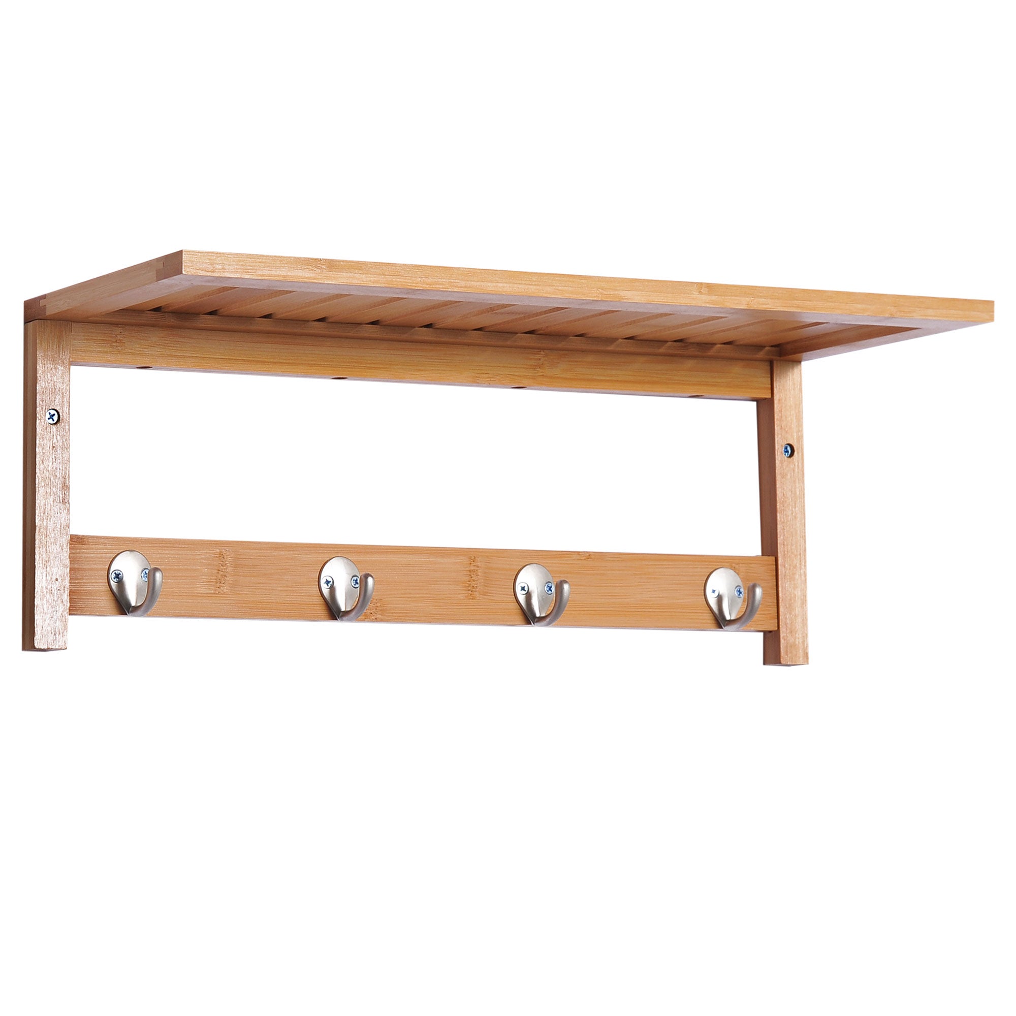 Bamboo Wall Coat Rack Shelf Towel Rack with 4 Hooks for Entryway Living Room Bathroom Hallway Bedroom 50x16x17.5 cm Load 5kg