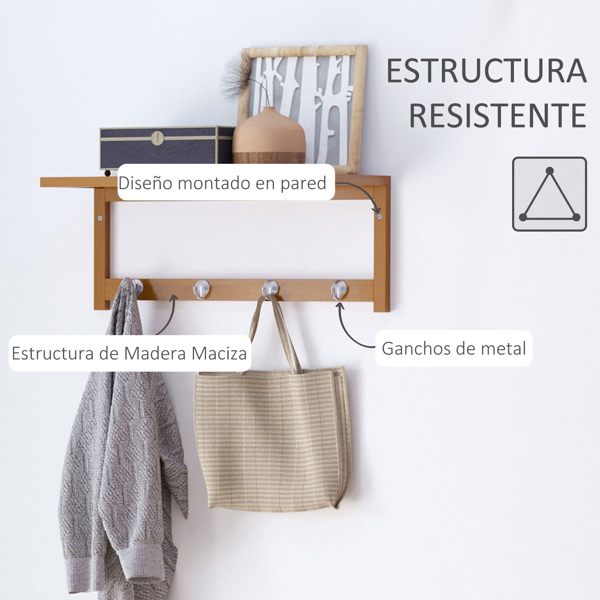 Bamboo Wall Coat Rack Shelf Towel Rack with 4 Hooks for Entryway Living Room Bathroom Hallway Bedroom 50x16x17.5 cm Load 5kg