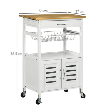 Kitchen Cart with Wheels, Multipurpose Storage Cart with Bamboo Countertop, Metal Basket, and 2 Louvered Door Cabinet 58x37x85.5 cm White