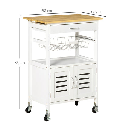 Kitchen Cart with Wheels, Multipurpose Storage Cart with Bamboo Countertop, Metal Basket, and 2 Louvered Door Cabinet 58x37x85.5 cm White