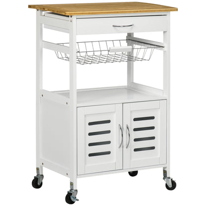 Kitchen Cart with Wheels, Multipurpose Storage Cart with Bamboo Countertop, Metal Basket, and 2 Louvered Door Cabinet 58x37x85.5 cm White