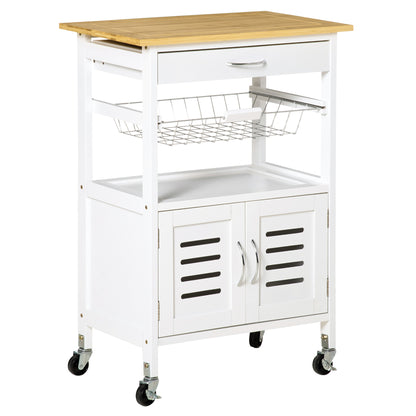 Kitchen Cart with Wheels, Multipurpose Storage Cart with Bamboo Countertop, Metal Basket, and 2 Louvered Door Cabinet 58x37x85.5 cm White
