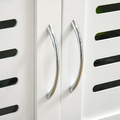 Kitchen Cart with Wheels, Multipurpose Storage Cart with Bamboo Countertop, Metal Basket, and 2 Louvered Door Cabinet 58x37x85.5 cm White